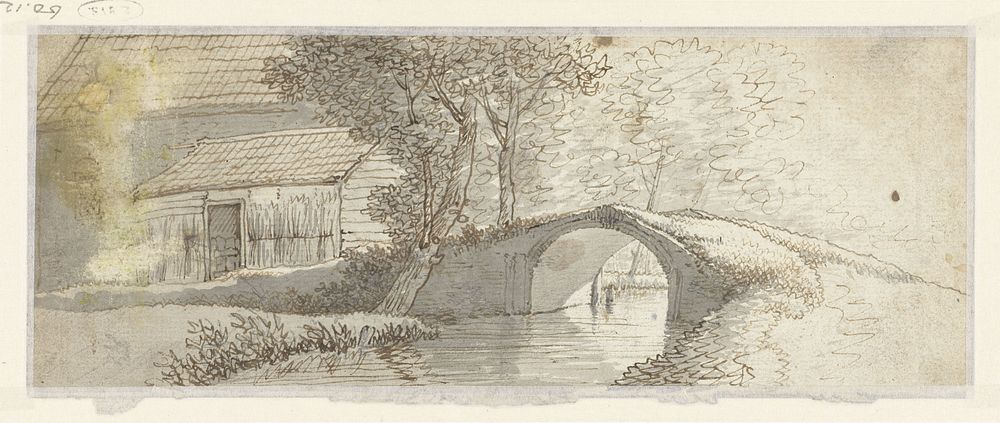 Stenen brug bij een groep huizen (c. 1700 - c. 1800) by anonymous