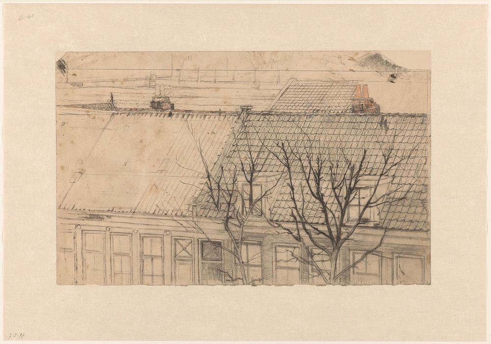 Gezicht op de daken van de Vondelkade (Overtoom), over de Constantijn Huygensstraat, naar het Pesthuis te zien (1801 - 1871)…