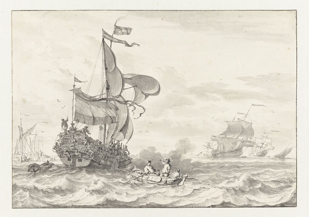 Admiraliteitsjacht op weg naar een voor anker liggende vloot (1641 - 1708) by Ludolf Bakhuysen