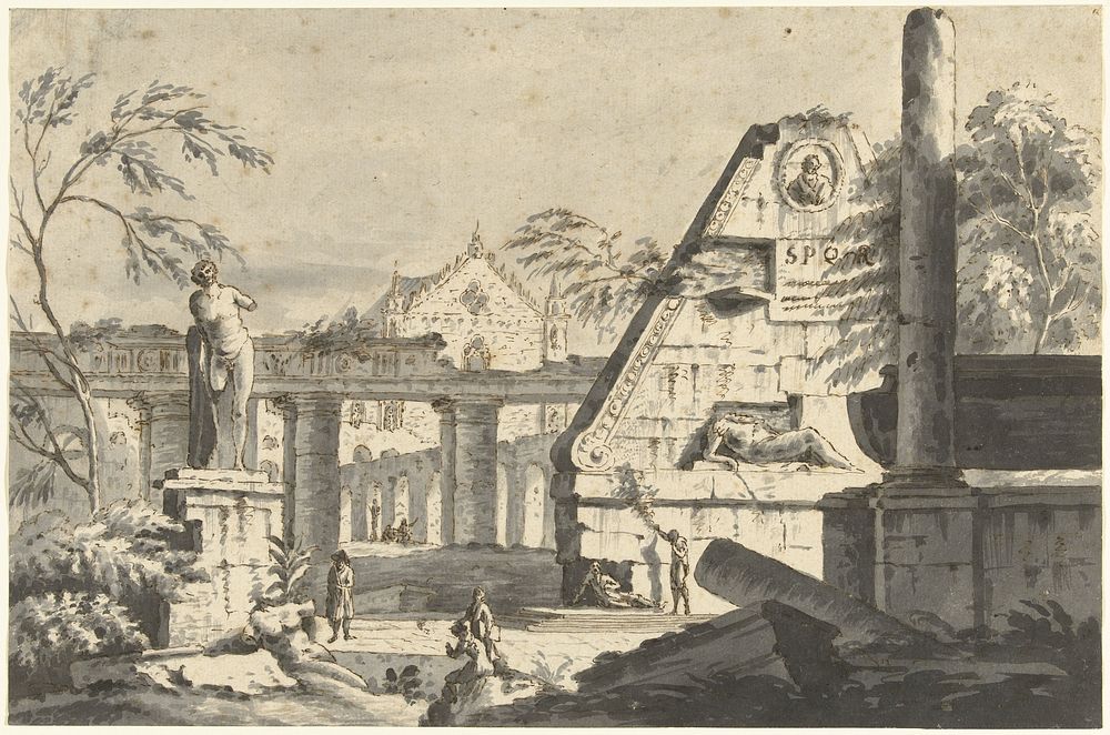 Landschap met antieke ruïnes van gebouwen en beelden (1701 - 1765) by Giovanni Paolo Pannini, anonymous and Marco Ricci