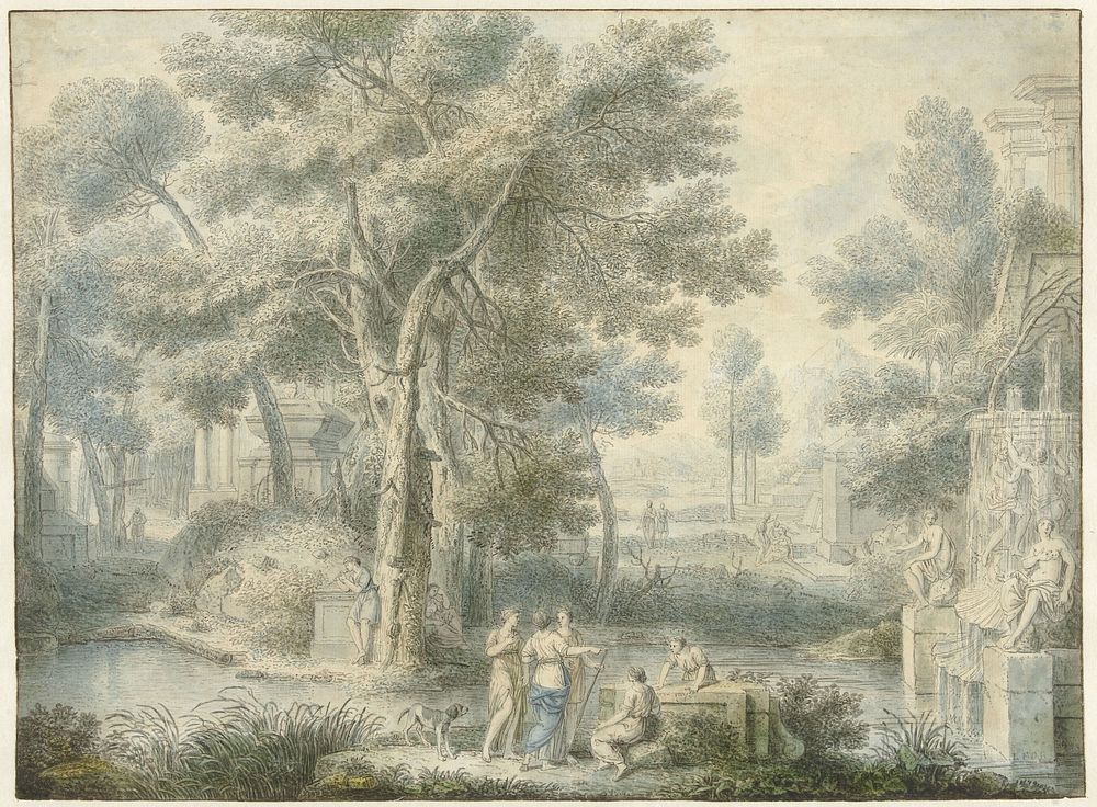 Arcadisch landschap, met rechts een fontein (1743) by Louis Fabritius Dubourg
