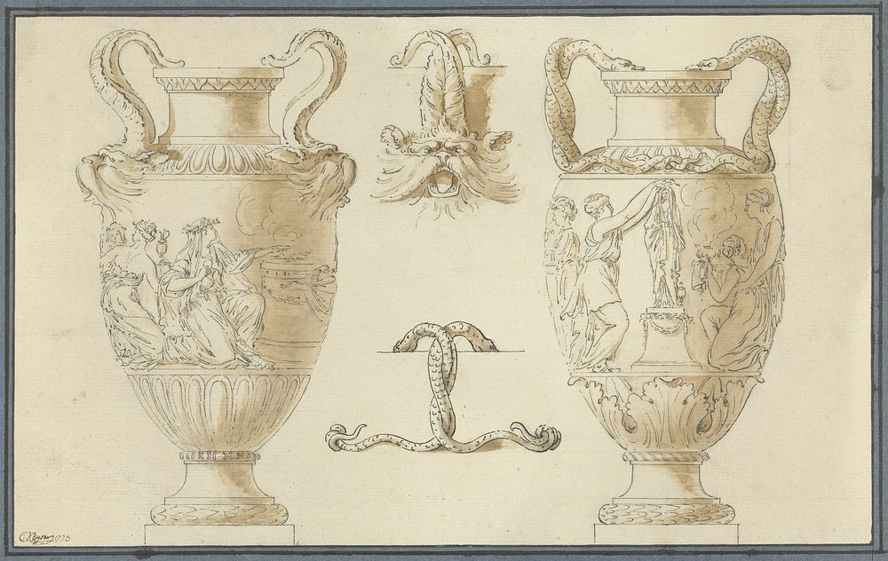 Ontwerpen voor twee tuinvazen, met detailstudies van de hengsels (1773) by C Kayser