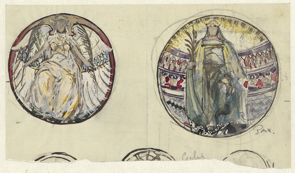 Twee medaillons met allegorische figuren (1860 - 1921) by Adolf le Comte