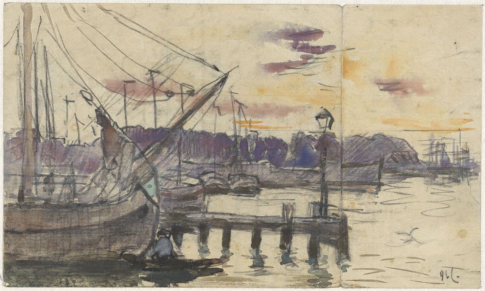 Kade met schepen (1860 - 1921) by Adolf le Comte