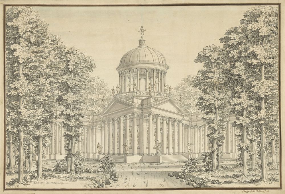 Paleis met open koepel op kolommen en met vele beelden (1706 - 1756) by Giuseppe Galli Bibiena