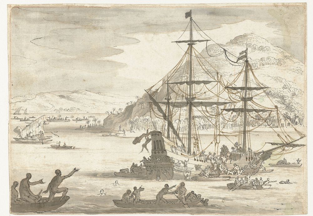 Opwachting bij schip door lokale bevolking (1680 - 1731) by Jan Goeree