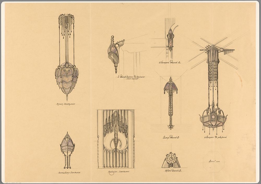 Ontwerpen voor lampen, een klokwand en een radiatorscherm (in or after 1907 - 1930) by anonymous and t Woonhuys