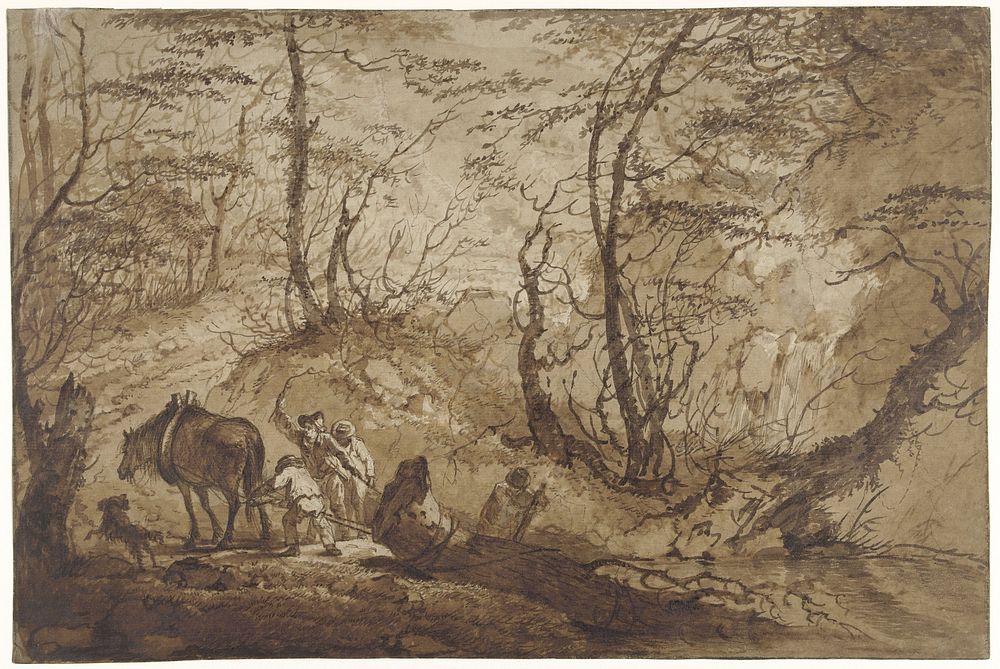 Op een bospad trekt een paard een boom uit een plas, onder aanvoering van een viertal mannen (1781) by Gerard van Nijmegen