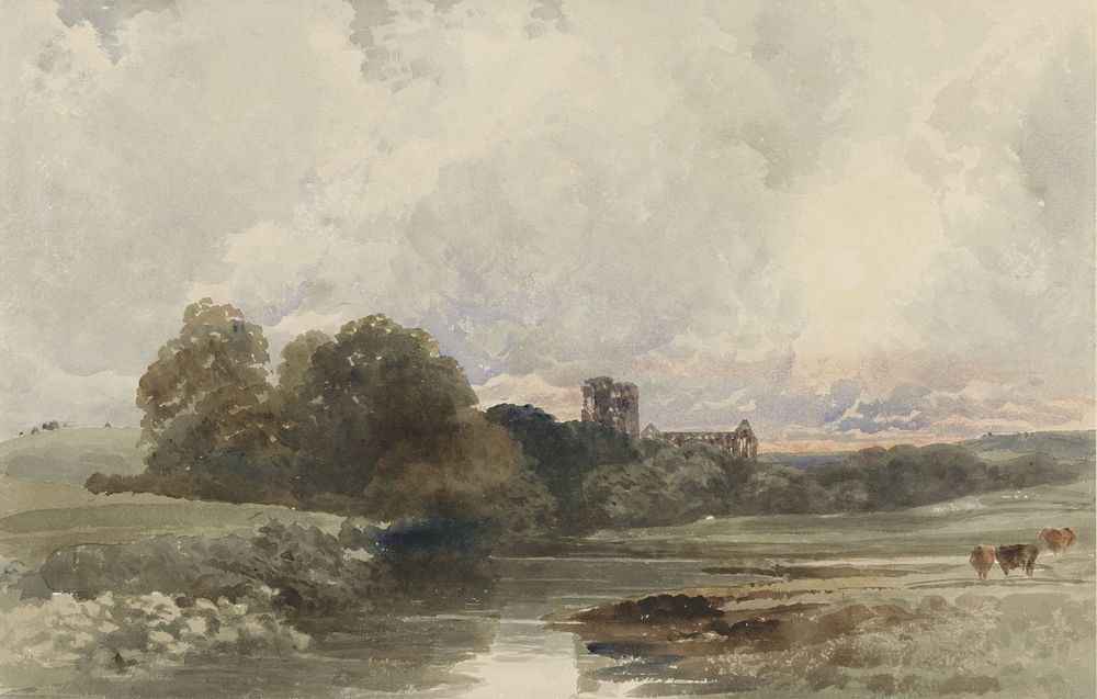 Avondlandschap met de ruïne van Kirkstall Abbey, Yorkshire (1794 - 1849) by Peter de Wint