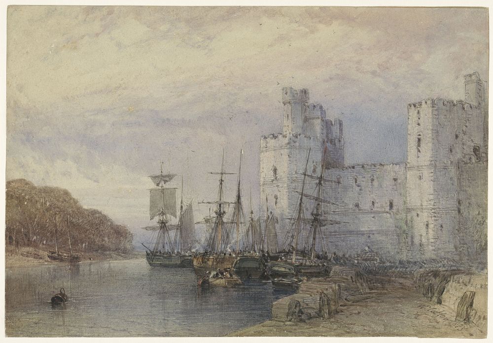 Landschap met schepen voor Caernarvon Castle (1883) by William Callow
