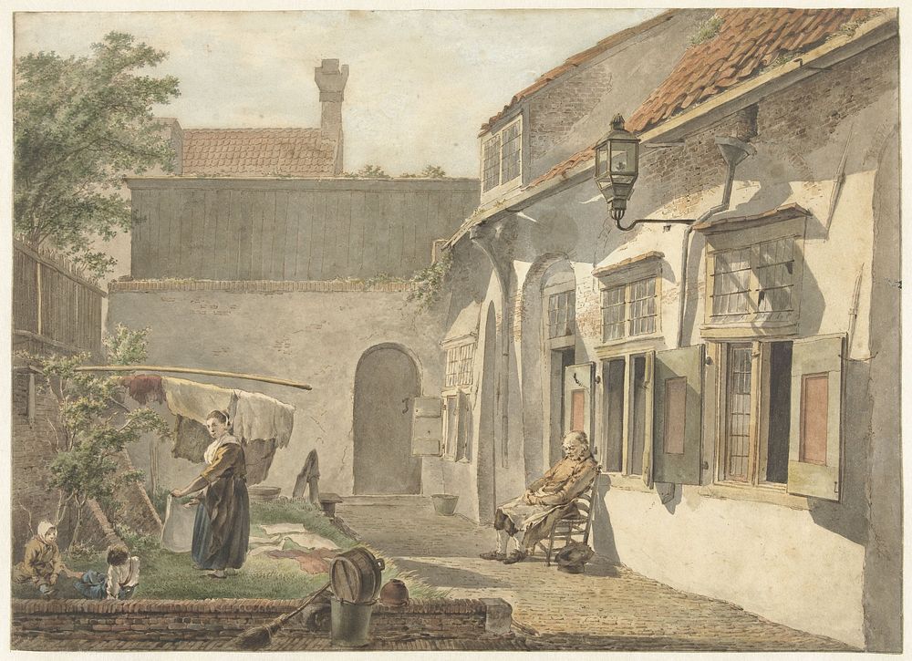 Binnenplaatsje met figuren te Utrecht (1773 - 1815) by Hermanus van Brussel