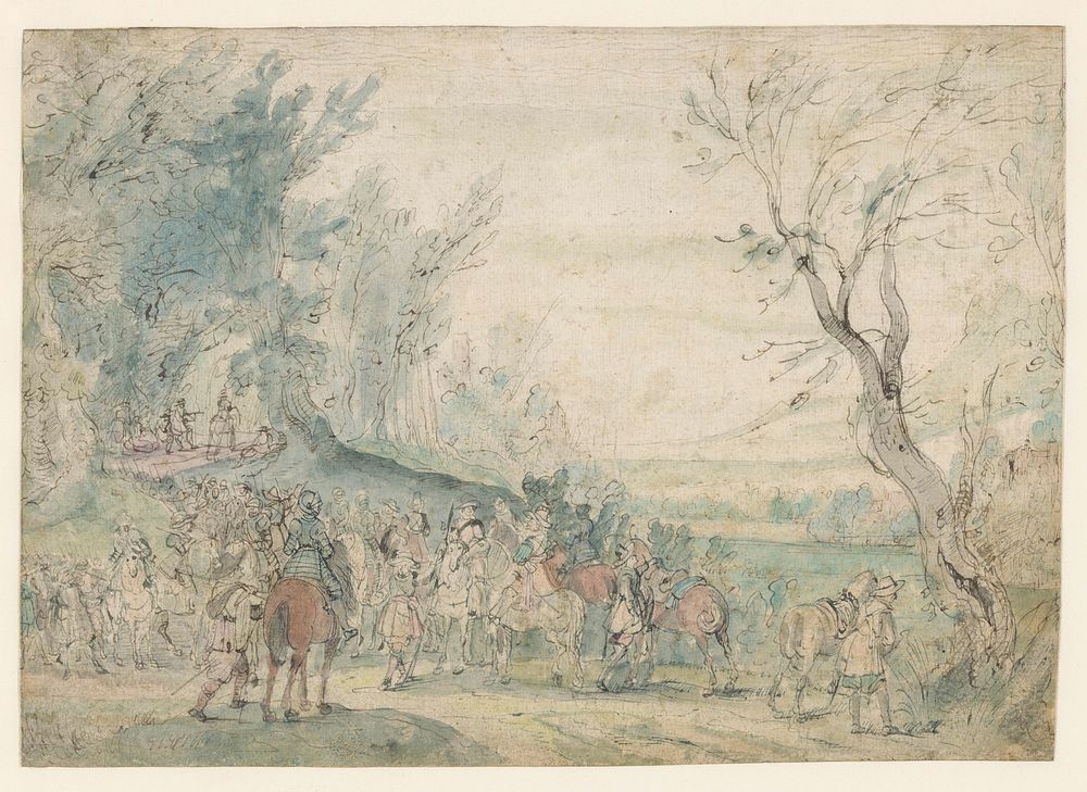 Gewapende ruiters bij een boszoom (1615 - 1635) by Hermitage Meester