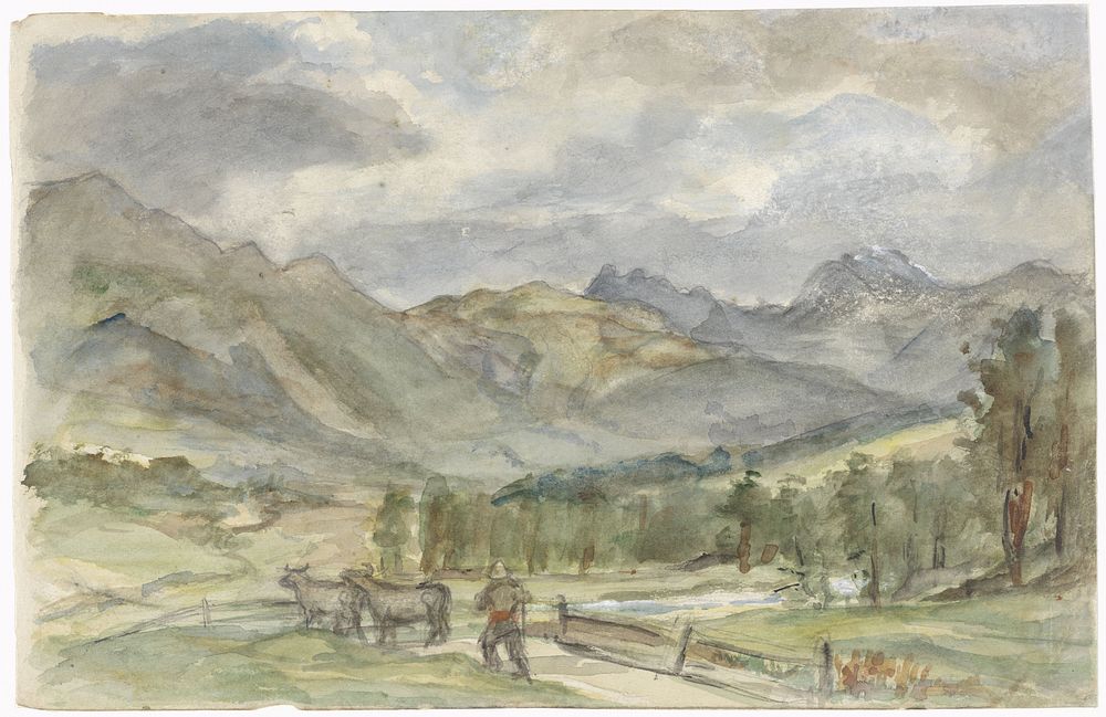 Berglandschap met veehoeder en twee koeien (1834 - 1911) by Jozef Israëls
