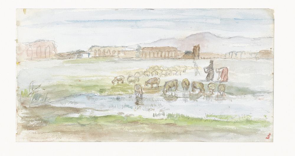 Vlakte met schapen, op de achtergrond ruïnes van een aquaduct (1834 - 1911) by Jozef Israëls