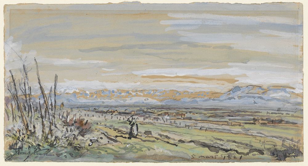 Gezicht op een vlak landschap (1881) by Johan Barthold Jongkind