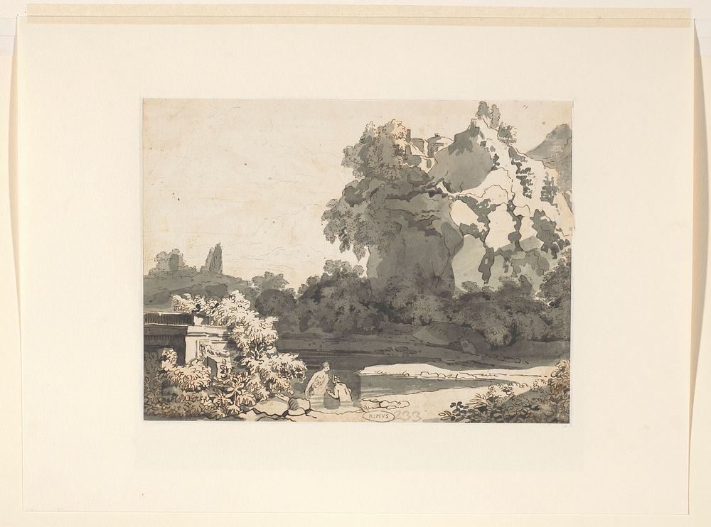 Baders bij antiek monument in bergachtig landschap (1706 - 1759) by Jacob van Liender