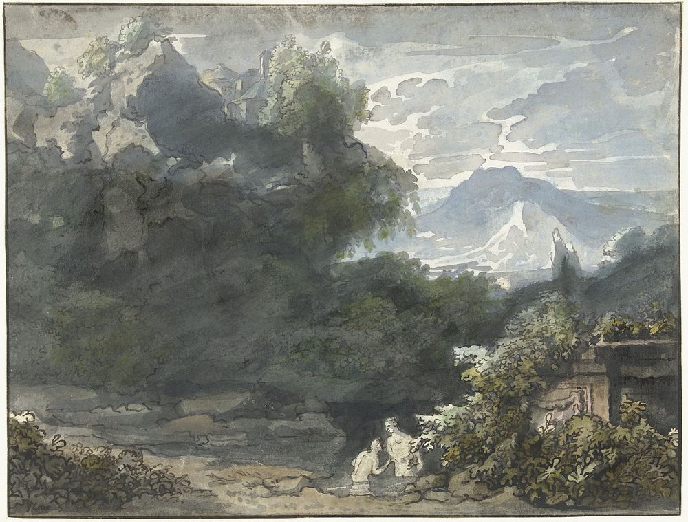 Baders bij antiek monument in bergachtig landschap (c. 1706 - c. 1759) by Jacob van Liender