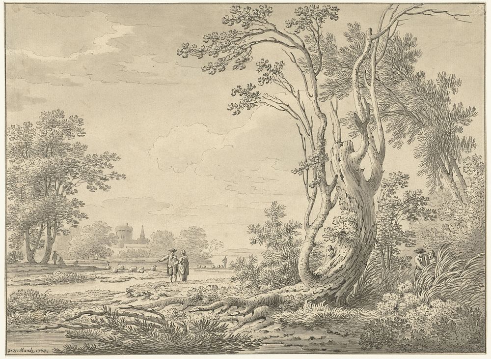 Zuidelijk landschap met kasteel, vee en wandelaars (1773) by Johann Heinrich Müntz