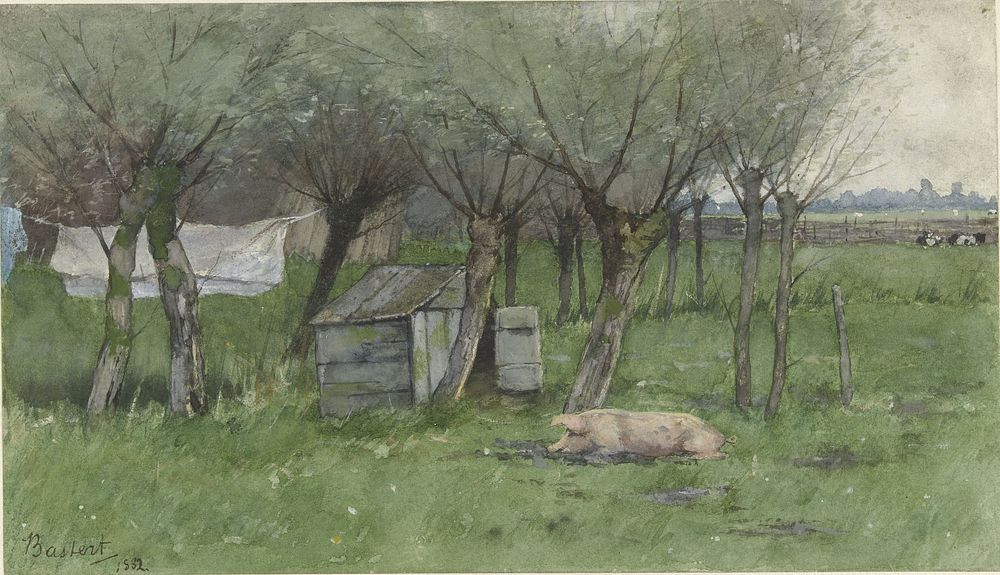 Boerenerf met liggend varken (1882) by Nicolaas Bastert