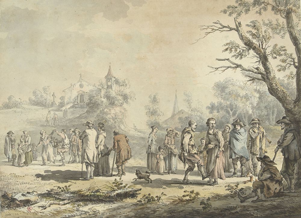 Dansende landlieden en toeschouwers bij een dorp (1746 - 1810) by Jean Jacques de Boissieu