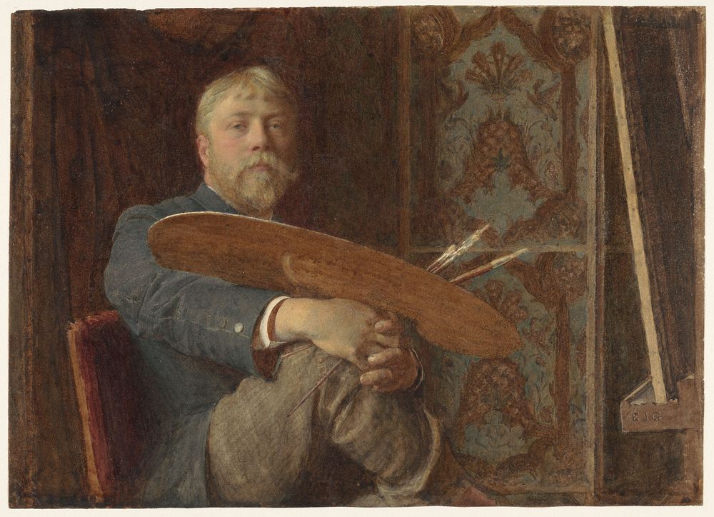 Zelfportret van Edward John Gregory, met palet en penselen, zittend voor de ezel (1870 - 1909) by Edward John Gregory