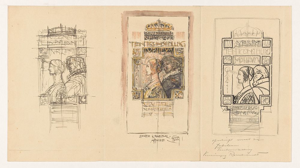 Drie ontwerpen voor affiches voor de tentoonstelling van Vereniging Rembrandt (1920 - 1923) by Huib Luns