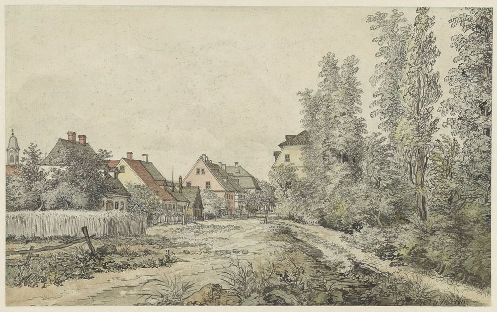 Dorpsweg met huizen (in Duitsland?) (1811) by Henry Edridge