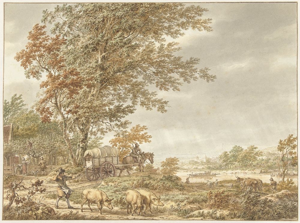 Heuvellandschap met varkenshoeder en andere stoffage, een rivier in de verte (1791) by Jacob Cats 1741 1799