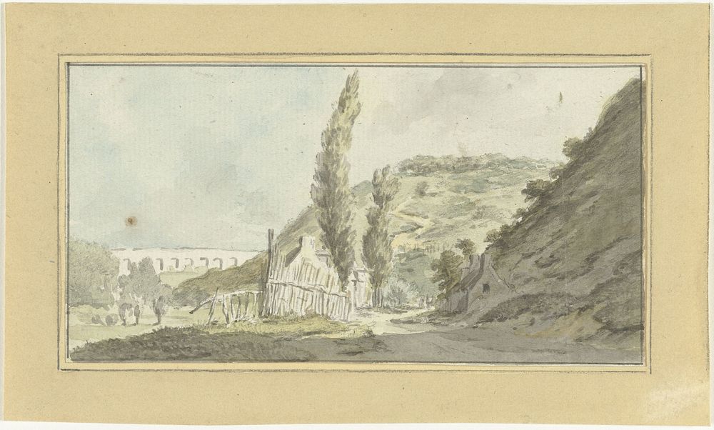 Bergweg met huisjes, in de verte een viaduct (1779 - 1819) by Pieter Gaal