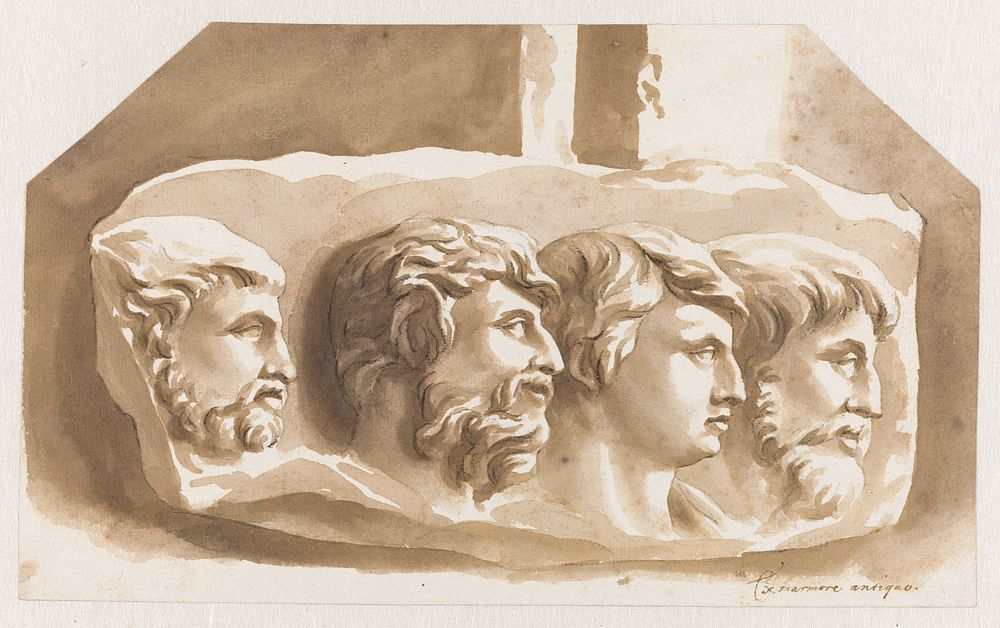 Vier hoofden van mannen, naar rechts (1648 - 1671) by Jan de Bisschop and anonymous