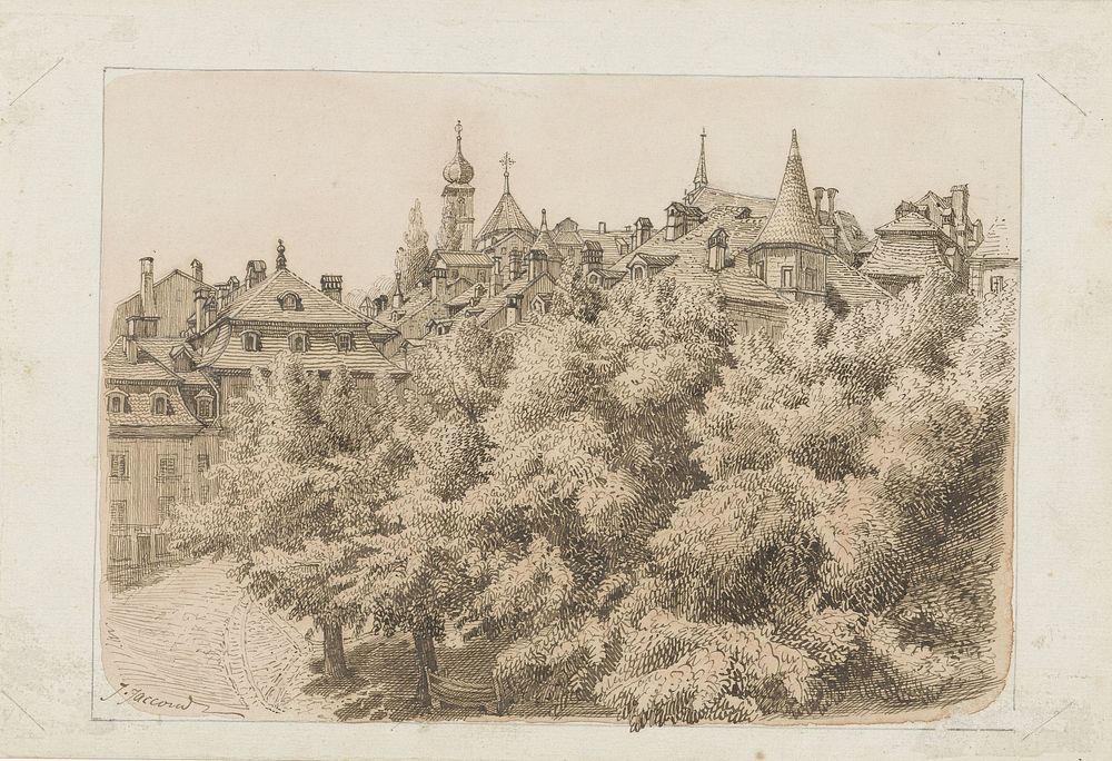 Gezicht op een stadsplein met bomen (1800 - 1900) by J Jacconal