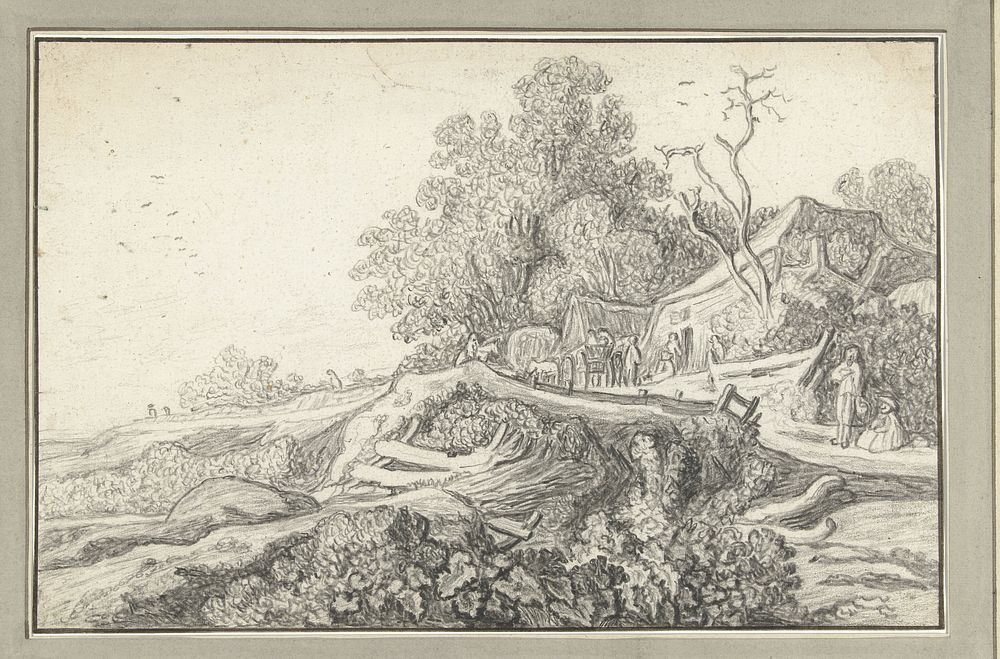 Landschap met een kar en figuren bij een boerderij (1600 - 1699) by anonymous