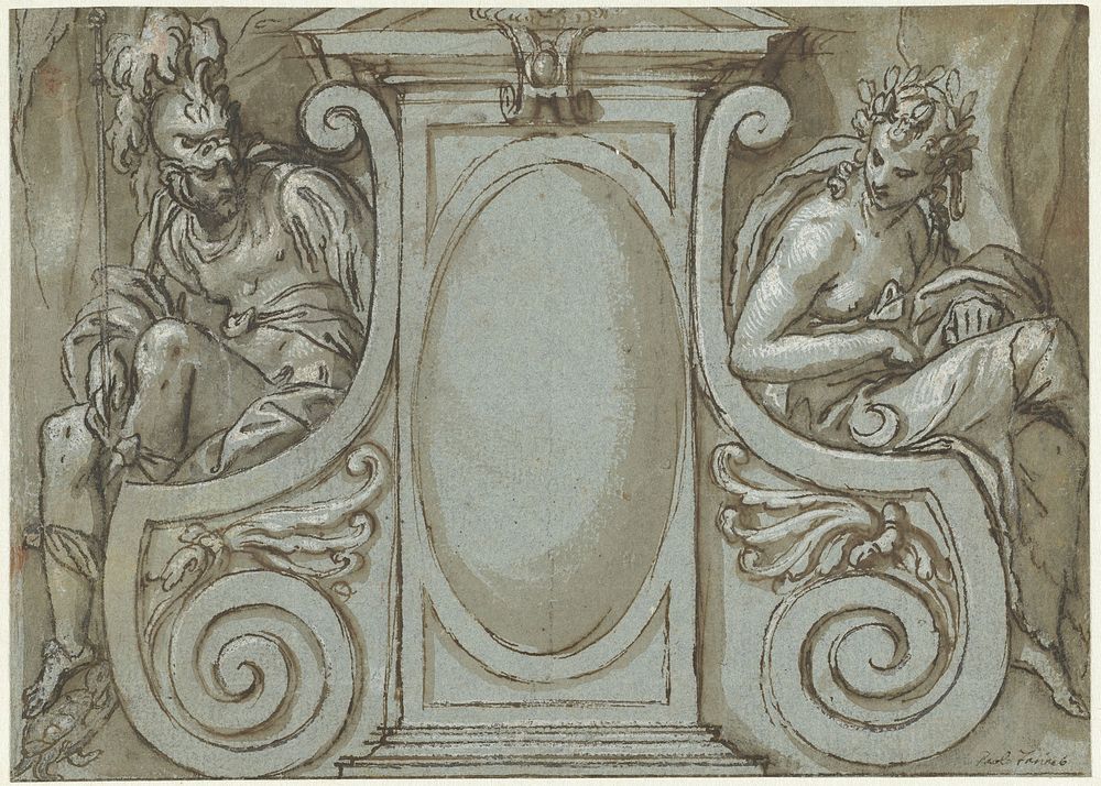 Deurbekroning met de figuren van Oorlog en Vrede (1535 - 1606) by Paolo Farinati