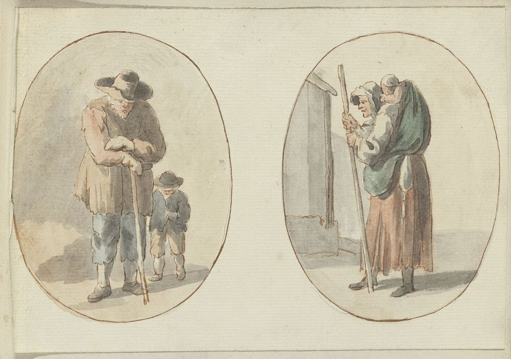 Man met kind en vrouw met kind op de rug (c. 1700 - c. 1799) by anonymous