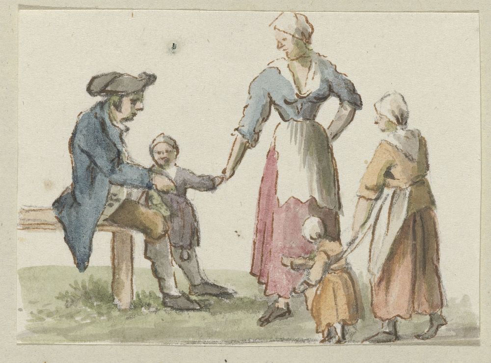 Zittende man en staande vrouw met drie kinderen (c. 1700 - c. 1799) by anonymous