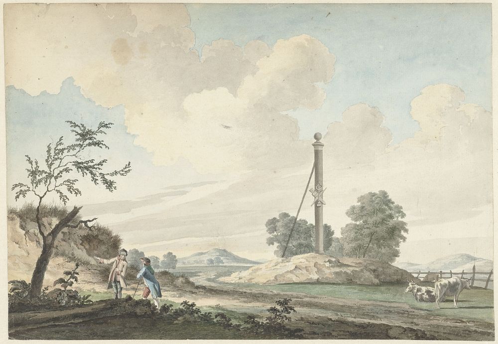 Landschap bij de duinen met een mijlpaal en twee wandelaars (1765) by Gerrit Toorenburgh