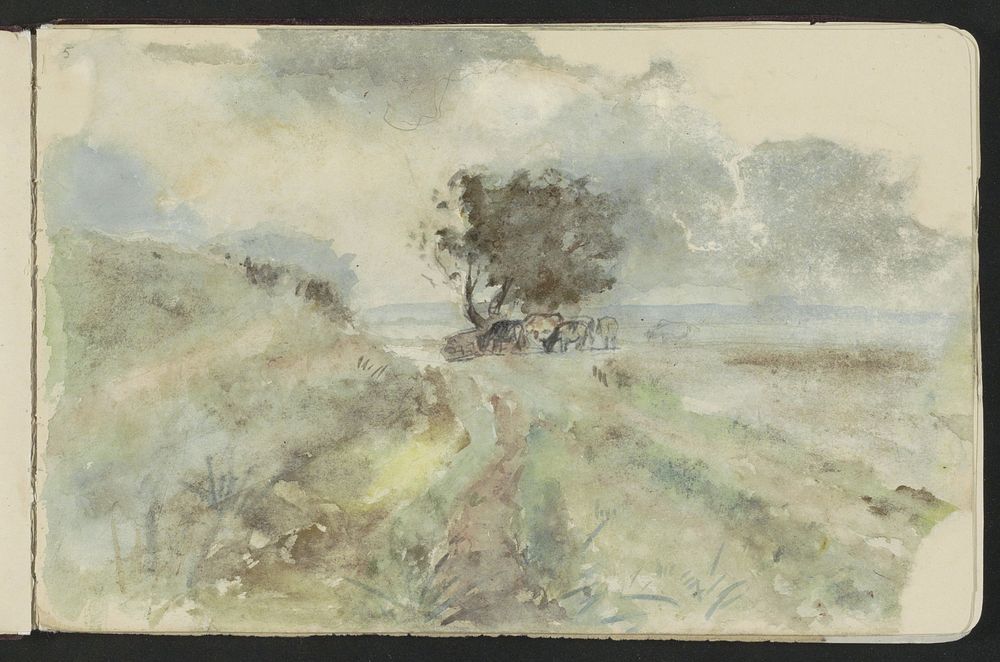 Landschap met een groep koeien onder een boom (c. 1885 - 1911) by Jozef Israëls