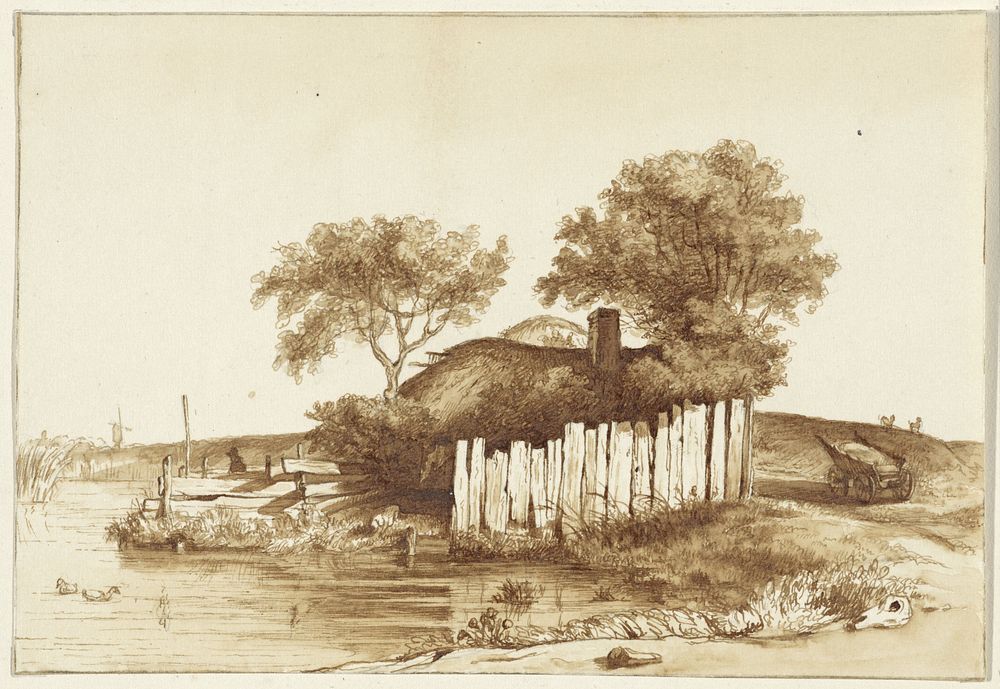 Huisje met omheind erf aan het water (1820 - 1872) by Hendrik Abraham Klinkhamer and Rembrandt van Rijn