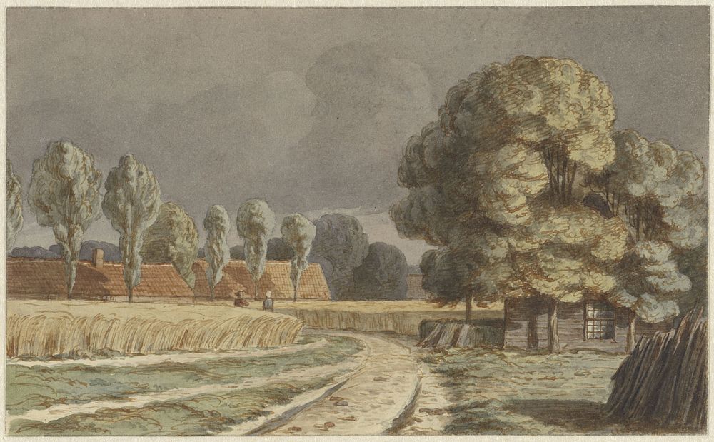Korenveld tussen huizen onder een dreigende onweerslucht te Hilversum (1853 - 1858) by Hendrik Abraham Klinkhamer