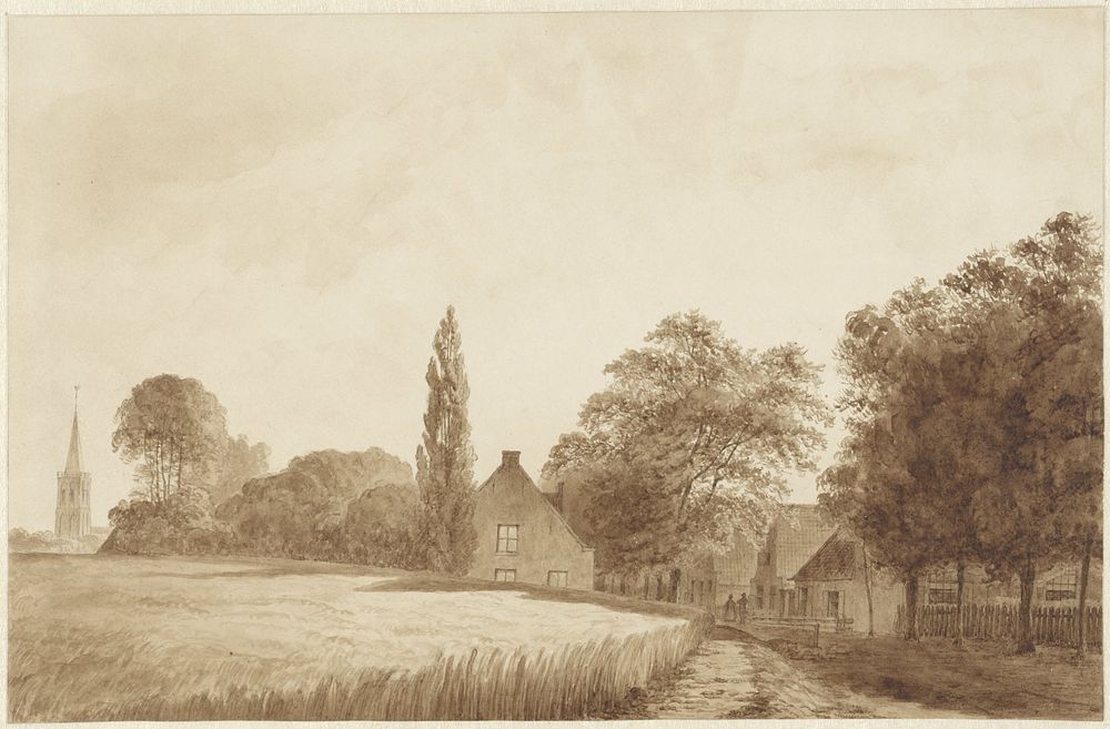 Gezicht op enkele huizen en een kerktoren bij Hilversum (1860) by Hendrik Abraham Klinkhamer
