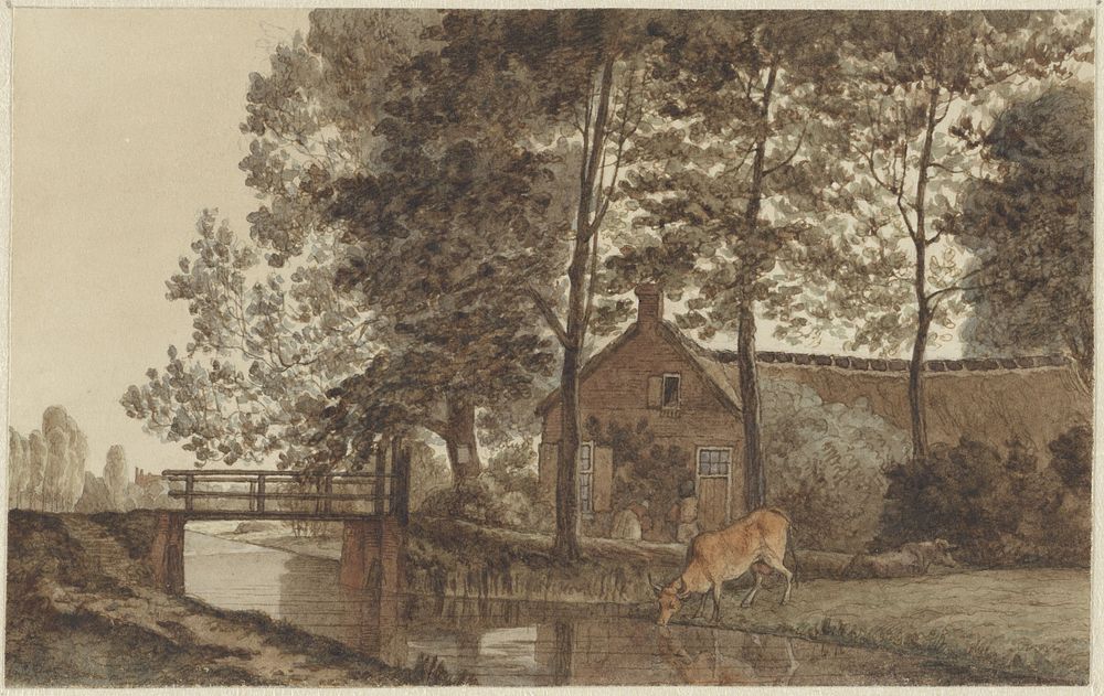 Boerderij met drinkende koe aan de Biltstraat te Utrecht (1856 - 1858) by Hendrik Abraham Klinkhamer