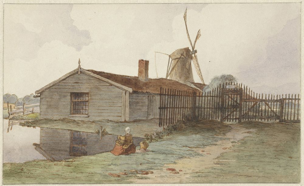 Molen met houten gebouwen bij Amsterdam (1859) by Hendrik Abraham Klinkhamer