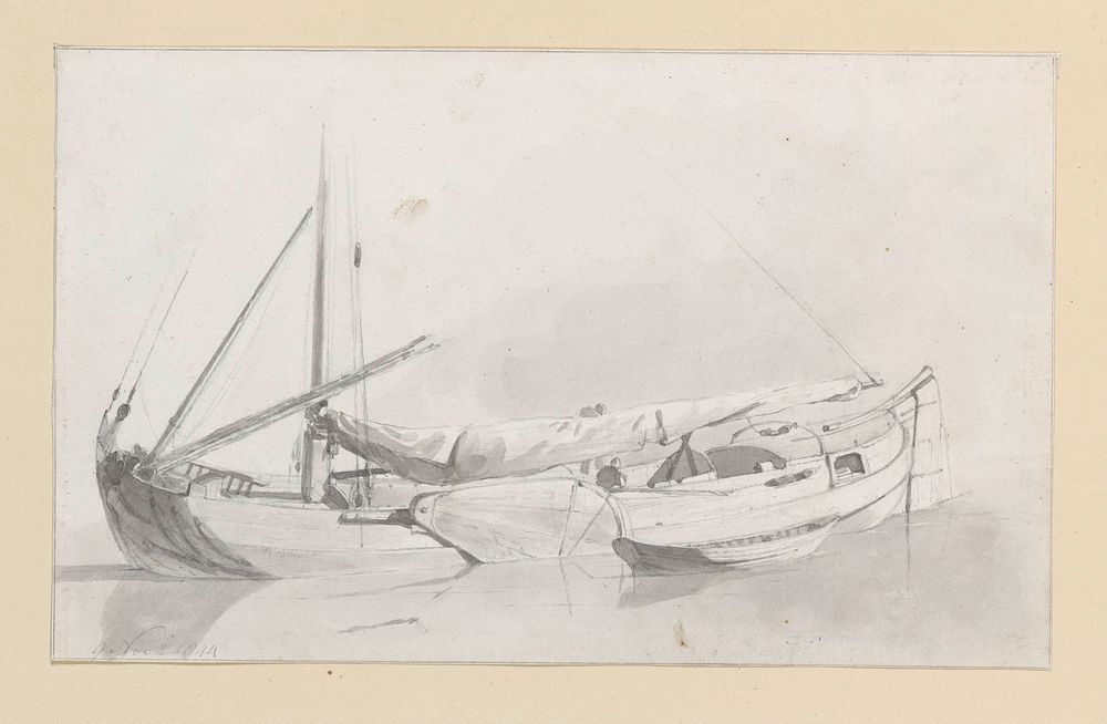 Zeilschip met sloep langszij (1844) by Hendrik Abraham Klinkhamer