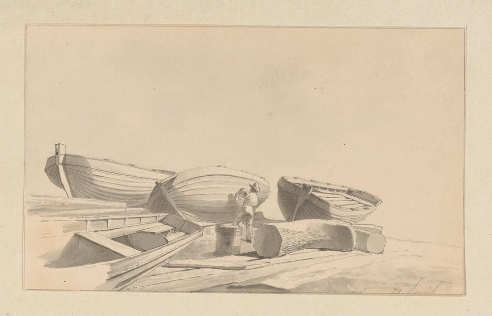 Reparaties aan sloepen (1820 - 1872) by Hendrik Abraham Klinkhamer