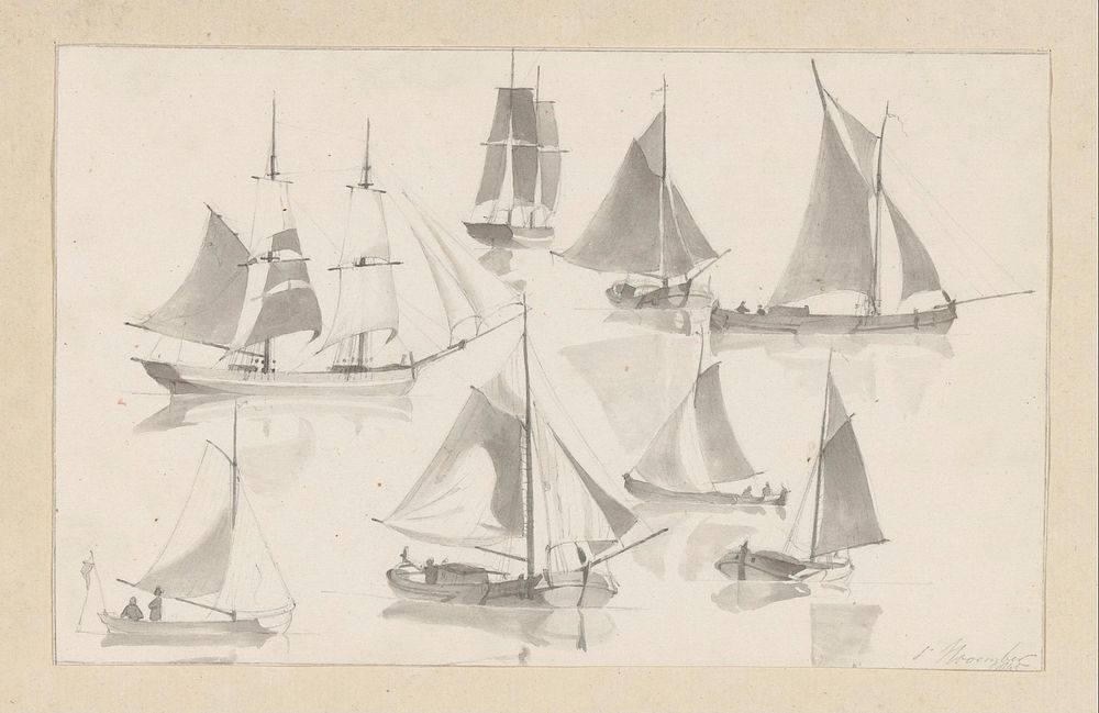 Schetsblad met zeilschepen (1845) by Hendrik Abraham Klinkhamer