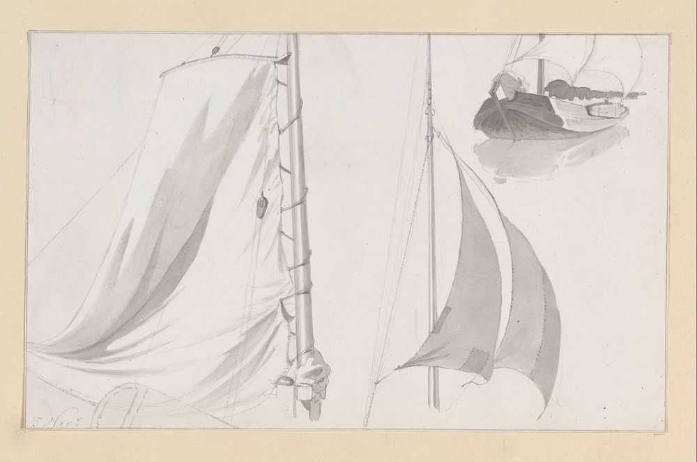 Studieblad met masten en zeilen (1820 - 1872) by Hendrik Abraham Klinkhamer