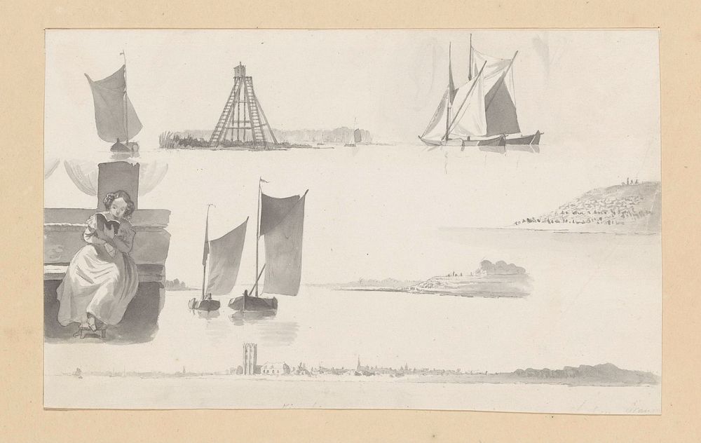 Schetsblad met lezende vrouw, zeilschepen, vuurtoren en gezichten van de wal (1851) by Hendrik Abraham Klinkhamer