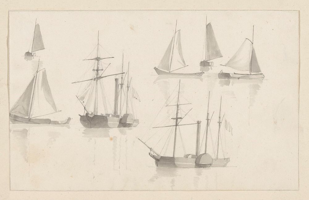 Schetsblad met zeilschepen en raderboten (1820 - 1872) by Hendrik Abraham Klinkhamer