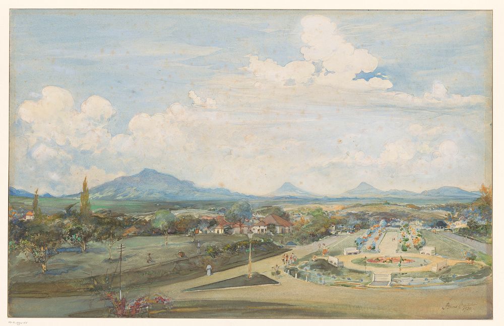 Tillemaplein te Semarang met op de achtergrond de vulkanen Sindoro en Soembing (1930) by Frans Bakker