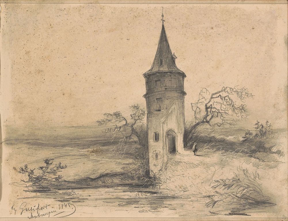 Landschap met een toren bij Antwerpen (1845) by Johannes Tavenraat